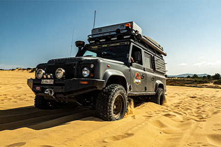 modified Land Rover Defender for off-road off-grid travel