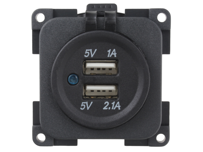 Dual USB Charger and 12V Receptacle Black, No LED, OEM