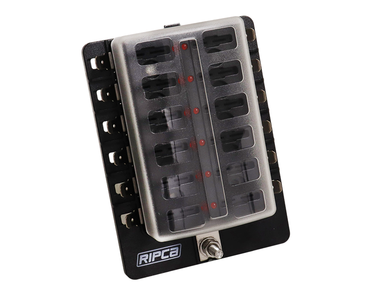 Standard Blade Fuse Box With Positive Busbar & LEDs 12 Way 12 Volt