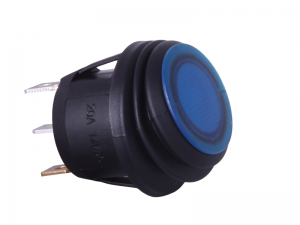 Waterproof ON/OFF Round Mini Rocker Switch With Illuminated Blue Lens - 12V